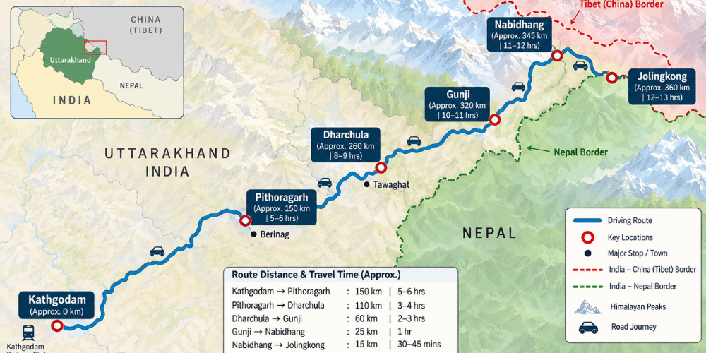 Adi Kailash Yatra route map from Kathgodam to Jolingkong