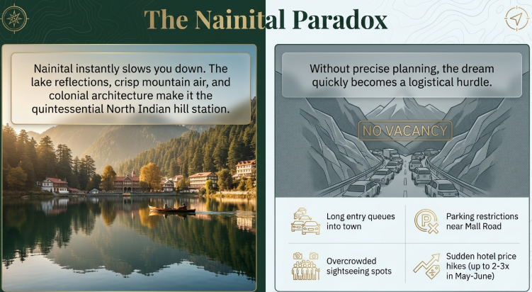 Illustration showing Nainital&rsquo;s scenic lake and mountains contrasted with travel issues like traffic jams, overcrowding, parking problems, and hotel price surges
