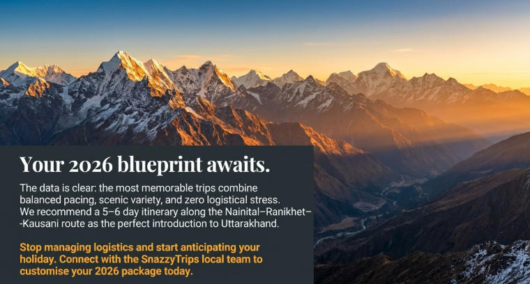 Scenic Himalayan mountain sunrise view with golden light and valley landscape representing Uttarakhand travel planning for 2026