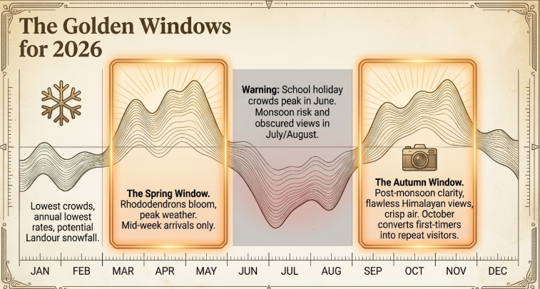 Infographic titled “The Golden Windows for 2026” showing a yearly timeline highlighting the best travel periods for Uttarakhand; emphasizes the Spring Window (March–May) with blooming rhododendrons and peak weather, and the Autumn Window (September–November) with clear Himalayan views and crisp air; includes warnings about June school holiday crowds and July–August monsoon risks, with January–February noted for lowest crowds and possible snowfall.