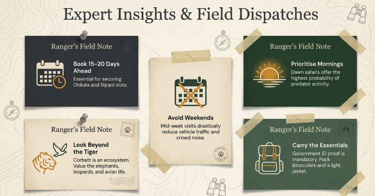 Infographic with expert ranger tips for Jim Corbett safari including booking 15 to 20 days in advance, avoiding weekends, choosing morning safaris, carrying essentials, and exploring diverse wildlife beyond just tiger sightings
