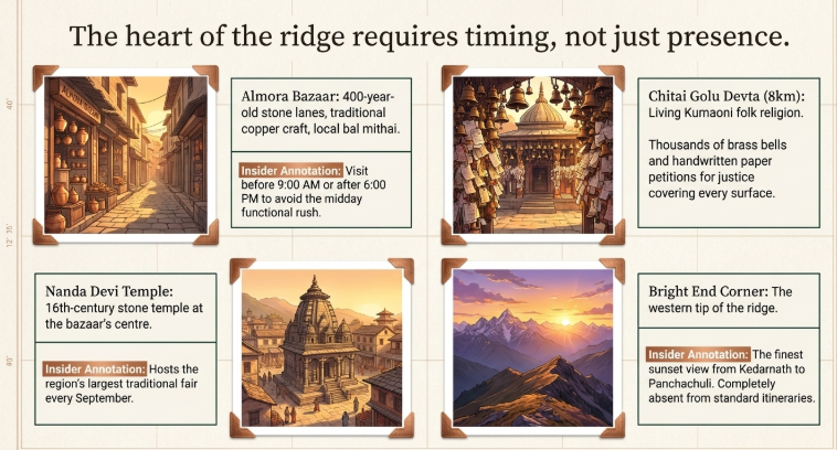 Infographic of Almora highlights—bazaar, Chitai Golu Devta temple, Nanda Devi temple, and Bright End Corner—with tips on best visiting times and local experiences.