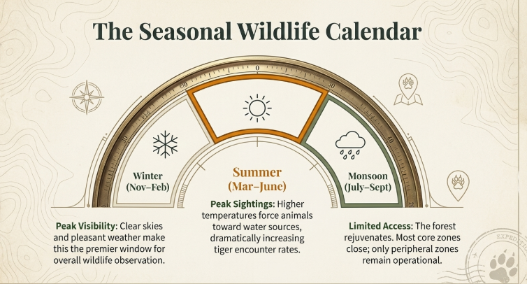 Seasonal wildlife calendar infographic for Jim Corbett National Park showing winter for best visibility, summer for peak tiger sightings near water sources, and monsoon with limited access and closed core safari zones