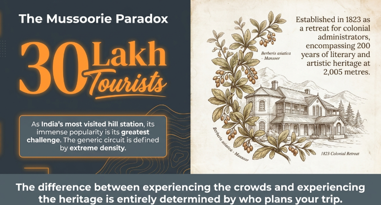 Infographic titled “The Mussoorie Paradox” highlighting “30 Lakh Tourists” with a note that Mussoorie’s popularity leads to extreme crowd density; alongside a vintage illustration showing its 1823 colonial origins, literary heritage, and elevation of 2,005 metres, emphasizing the contrast between crowded tourism and rich heritage experience.