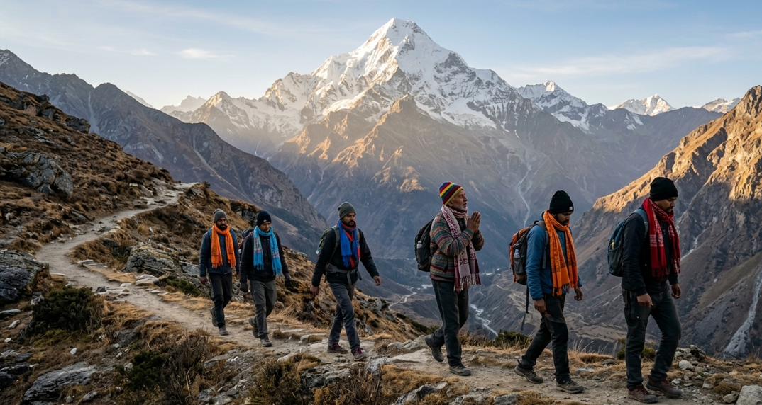 Group of trekkers walking on a mountain trail in the Himalayas with a snow-covered peak in the background during sunrise