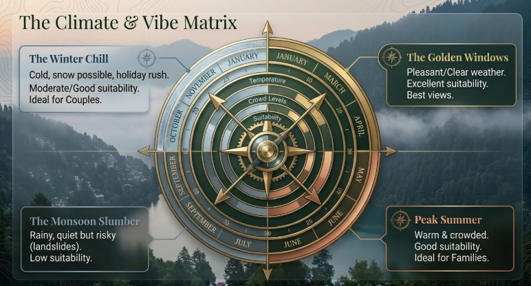 Seasonal infographic of Nainital showing winter snow, peak summer crowds, monsoon risks, and best travel months with weather conditions and suitability for couples and families