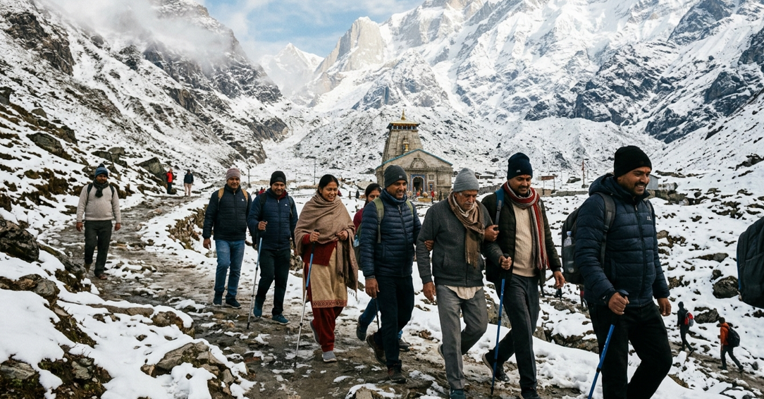 Pilgrims trekking on a snowy mountain path toward Kedarnath Temple with हिमालयन peaks in the background
