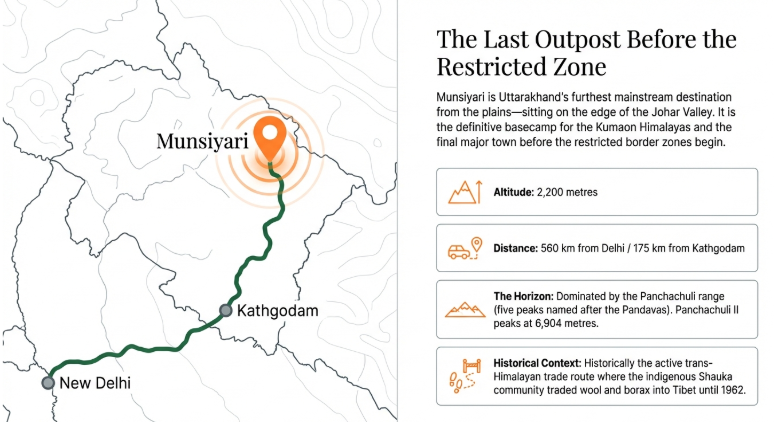 Map of Uttarakhand highlighting Munsiyari as the last outpost before the restricted zone, with route from New Delhi via Kathgodam and key details like altitude, distance, and Panchachuli peaks.