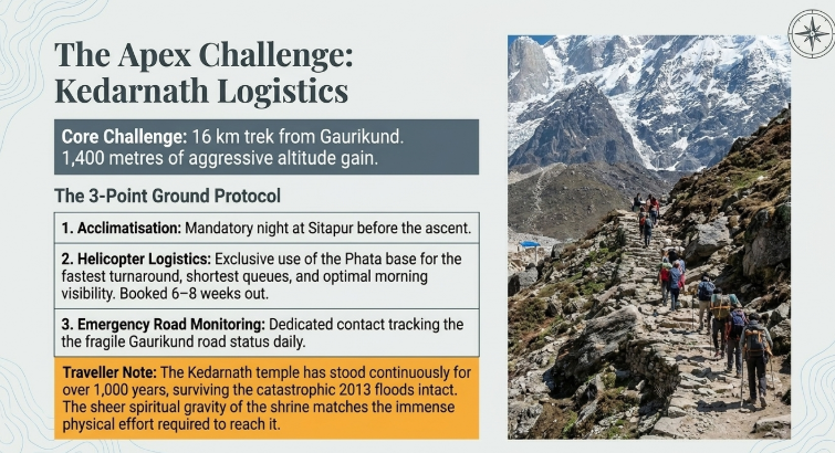 Infographic titled &ldquo;The Apex Challenge: Kedarnath Logistics&rdquo; showing the demanding nature of reaching Kedarnath Temple. It highlights a 16 km trek from Gaurikund with ~1,400 meters altitude gain, along with a 3-point protocol: mandatory acclimatization at Sitapur, advanced helicopter planning via Phata base, and daily monitoring of the Gaurikund road. A visual of pilgrims trekking through rugged Himalayan terrain reinforces the physical intensity, alongside a note on the temple&rsquo;s resilience during the 2013 floods.