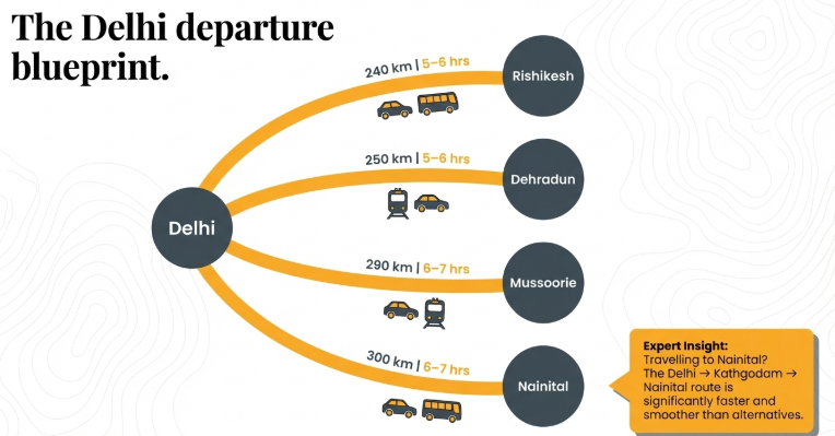 Infographic showing travel routes from Delhi to Rishikesh, Dehradun, Mussoorie, and Nainital with distance and estimated travel time
