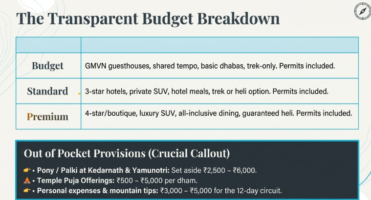 Infographic showing Char Dham 2026 budget breakdown&mdash;Budget, Standard, and Premium packages with inclusions&mdash;plus extra costs like pony/palki, temple offerings, and personal expenses.
