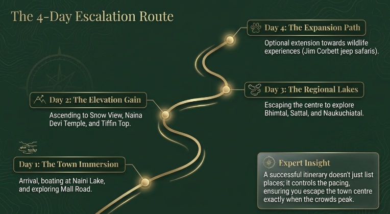 4-day Nainital travel itinerary infographic showing day-wise plan including Mall Road, Naini Lake, Snow View, Bhimtal, Sattal, Naukuchiatal, and optional Jim Corbett safari extension