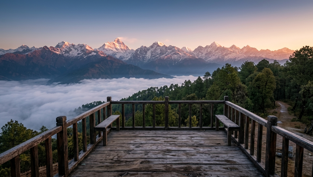 A wide-angle cinematic shot of a young couple with backpacks standing at the wooden railing of Tip N Top viewpoint in Lansdowne, Uttarakhand, looking out over rolling green mountain ridges during a golden hour sunset.