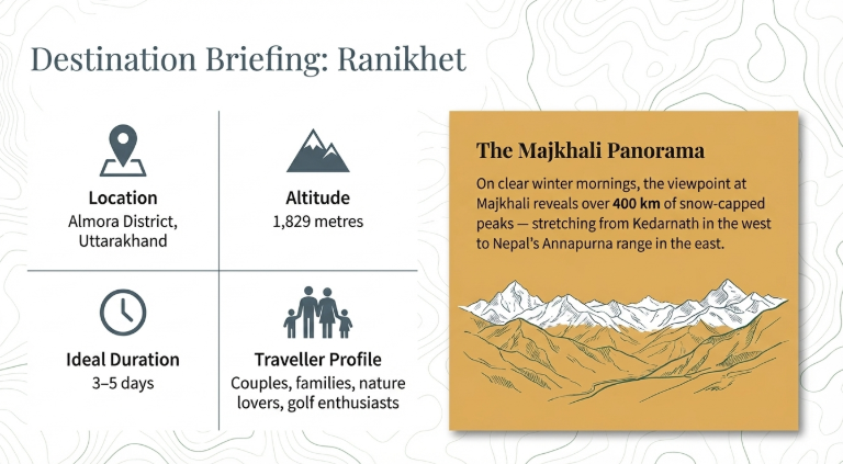 Infographic showing Ranikhet travel details including ideal duration of 3&ndash;5 days and traveller profile suited for couples, families, nature lovers, and golf enthusiasts, alongside an illustration of the Himalayan mountain range