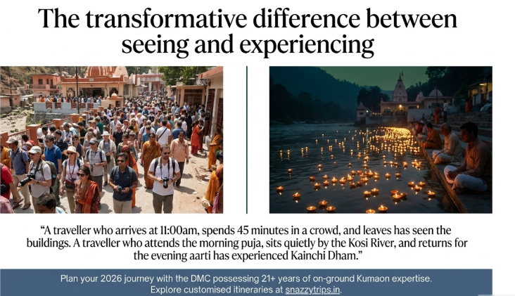 Kainchi Dham comparison showing crowded daytime visit vs peaceful evening aarti by Kosi River with diyas, illustrating the difference between rushed sightseeing and immersive spiritual experience