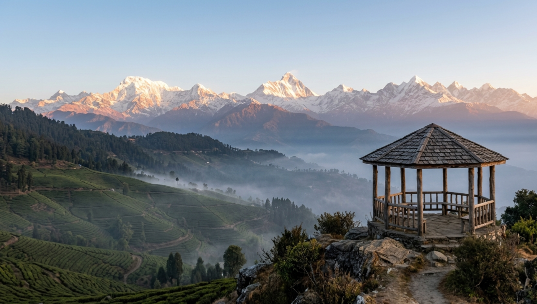 A wide cinematic landscape at sunrise in Kausani, Uttarakhand, featuring a rustic wooden gazebo on a rocky ridge overlooking mist-covered green tea terraces and a clear panoramic view of the snow-capped Trishul and Nanda Devi peaks.