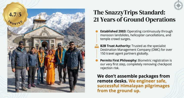Infographic showcasing SnazzyTrips&rsquo; 21+ years of Char Dham operations, 4.7/5 rating, trusted B2B network, and ground-level expertise ensuring safe, well-managed Himalayan pilgrimages.