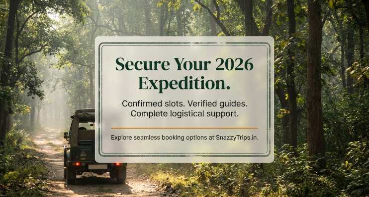 Jeep safari driving through dense forest in Jim Corbett National Park with overlay text promoting 2026 safari booking, verified guides, confirmed slots, and complete travel support by SnazzyTrips