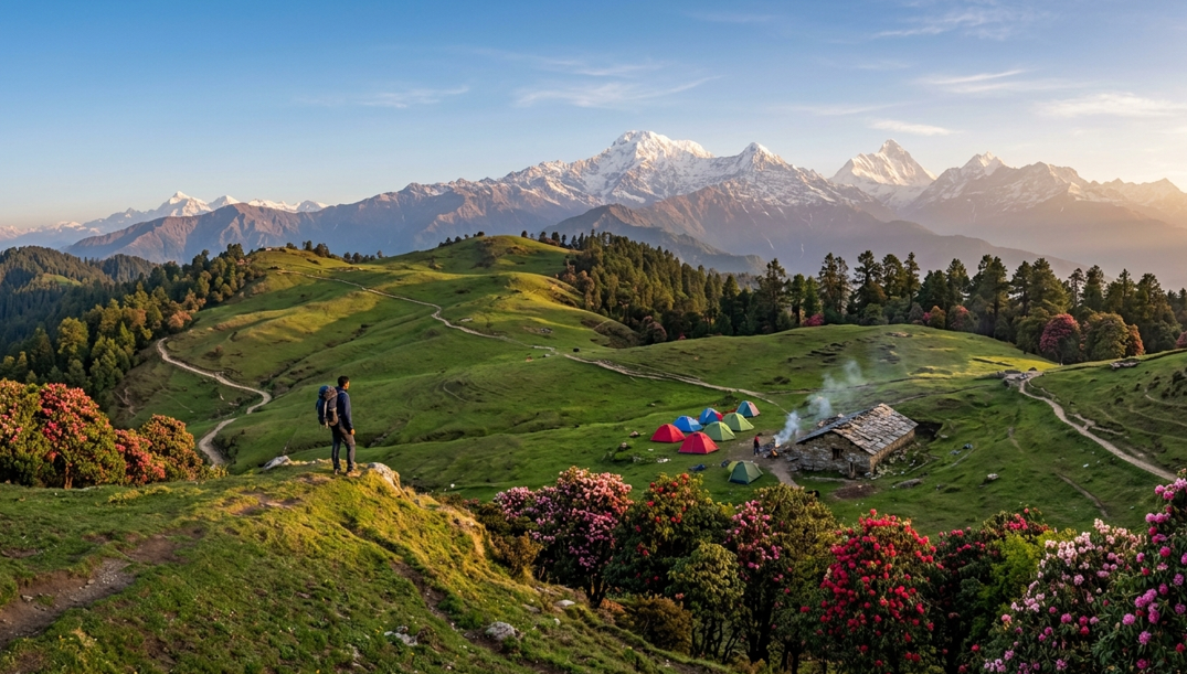 A hiker standing on a green hill in Chopta, Uttarakhand overlooking a campsite with colorful tents, surrounded by lush meadows and rhododendron flowers, with snow-capped Himalayan mountains in the background.