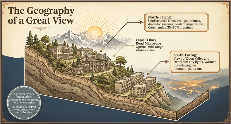 Illustrated infographic titled “The Geography of a Great View” showing a hillside cross-section of Mussoorie with homes positioned along the ridge; highlights north-facing properties with unobstructed Himalayan sunrise views and cooler temperatures, Camel’s Back Road as a mid-range sunrise microzone, and south-facing properties overlooking Doon Valley and Dehradun city lights with warmer conditions; emphasizes how orientation determines view quality and pricing.