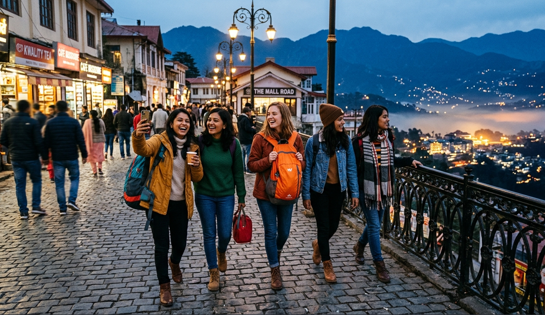 A vibrant, candid photograph of a group of five cheerful young women traveling together and laughing joyfully while walking down the bustling Mall Road in Mussoorie, Uttarakhand, during the early evening "blue hour." They are dressed in fashionable layered mountain attire with backpacks. The cobblestone path is lined with antique wrought-iron streetlamps and small illuminated shops. One girl takes a group selfie, and another looks out over the panoramic Doon Valley viewpoint, which is a sea of sparkling lights and a warm layer of mist under the deep blue Himalayan mountains.