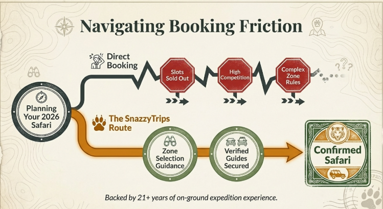 Infographic showing Jim Corbett safari booking challenges like sold out slots, high competition, and complex zone rules, along with SnazzyTrips guided route including zone selection, verified guides, and confirmed safari booking process