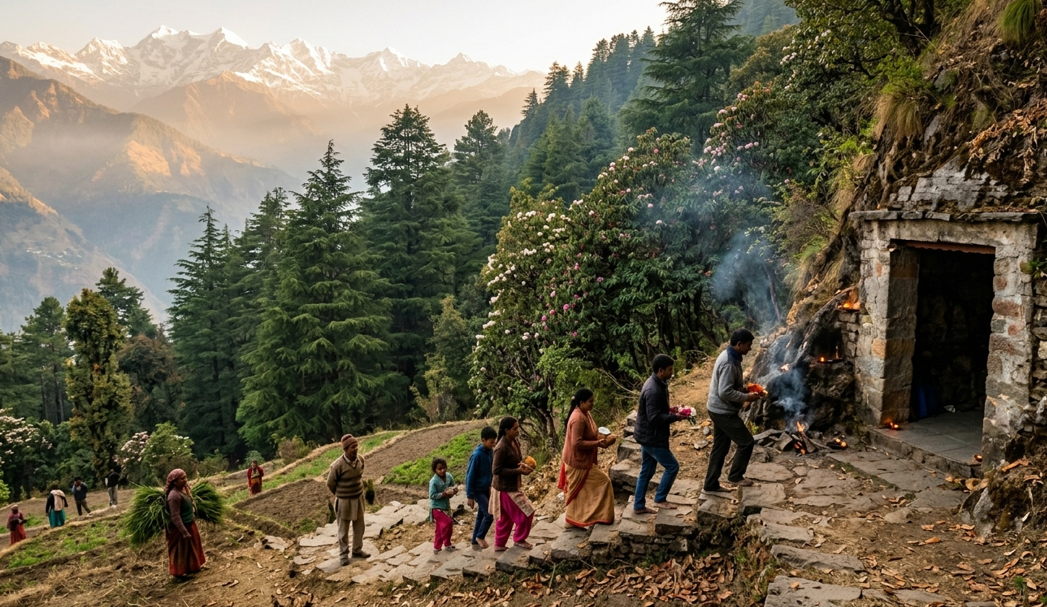 Local villagers walking up stone steps carrying offerings to a small hillside temple surrounded by pine trees and Himalayan mountain views
