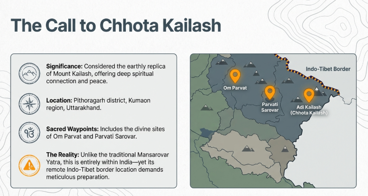 Informational graphic showing Chhota Kailash (Adi Kailash) route map in Uttarakhand highlighting Om Parvat, Parvati Sarovar, Indo-Tibet border and key pilgrimage details in Pithoragarh district