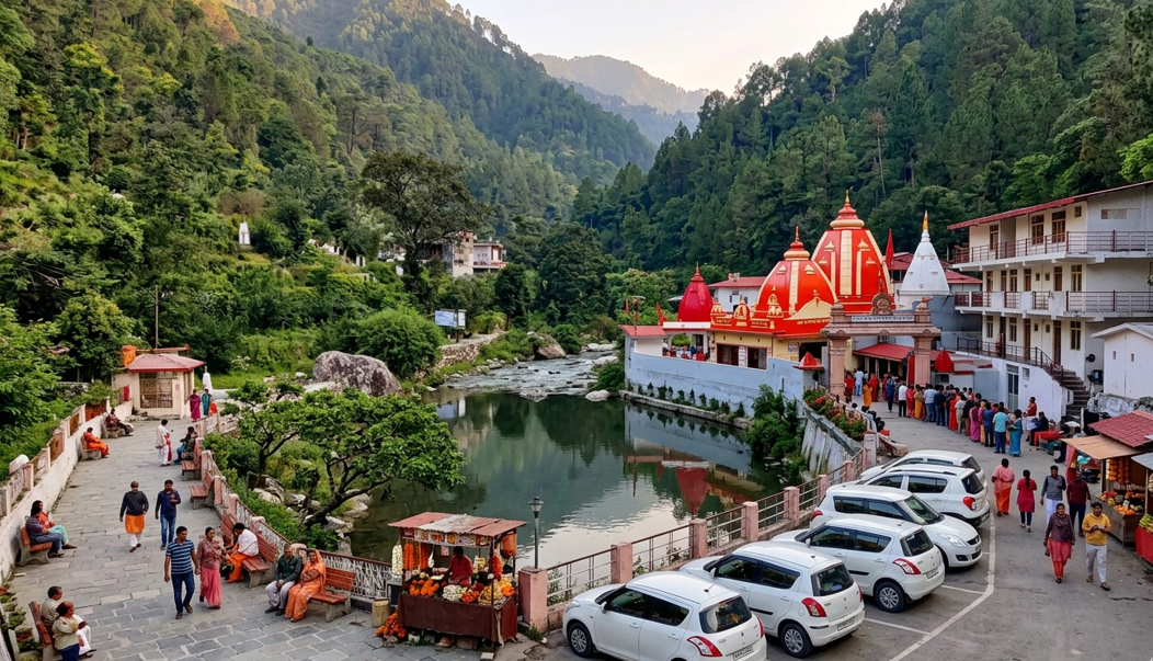 Colorful Hindu temple beside a river in a Himalayan hill town with visitors, parked cars, forested hills, and mountains in the background