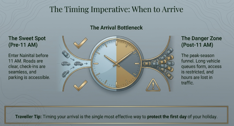 Infographic showing ideal arrival time in Nainital before 11 AM versus heavy traffic congestion and entry delays after 11 AM, with clock and road visuals
