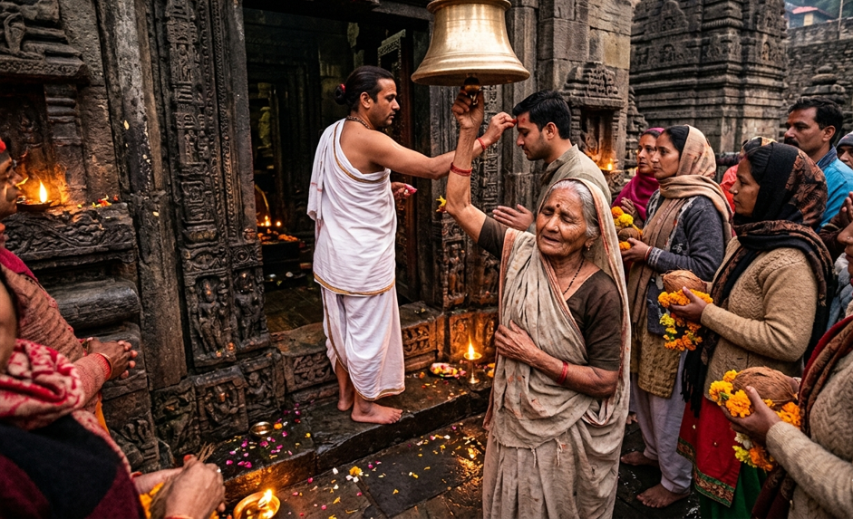 Hindu priest applying tilak to devotees at a temple entrance while an elderly woman rings a bell and others hold flowers and offerings during पूजा ritual