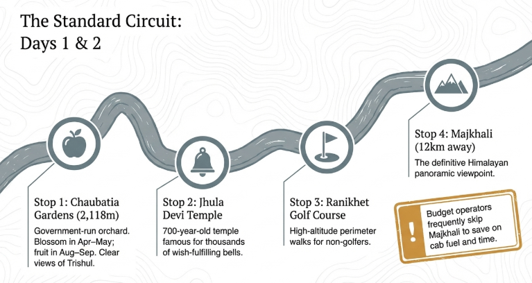 Illustrated map-style itinerary of Ranikhet showing the standard circuit for Days 1 and 2, including stops at Chaubatia Gardens, Jhula Devi Temple, Ranikhet Golf Course, and Majkhali viewpoint with scenic Himalayan views.