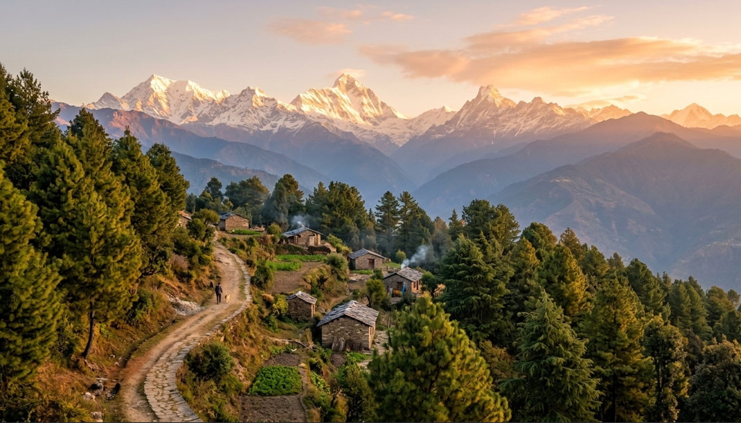 Scenic Himalayan village with stone houses, pine trees, and a winding path overlooking snow-capped mountains during sunrise