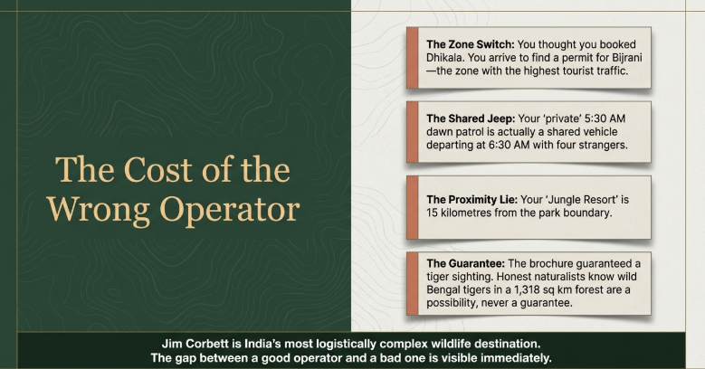 Infographic highlighting common safari booking issues in Jim Corbett National Park such as wrong zone allocation, shared jeeps instead of private, distant resorts, and unrealistic tiger sighting guarantees.