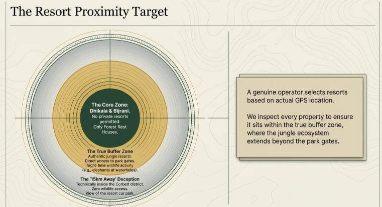 Circular diagram showing resort proximity zones in Jim Corbett National Park, including core zone with no private resorts, true buffer zone with jungle lodges, and distant Ramnagar area with limited wildlife access.