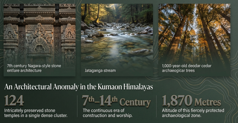 Collage of Jageshwar Dham showing Nagara-style stone temple architecture, Jataganga stream, and ancient deodar cedar forest in Uttarakhand
