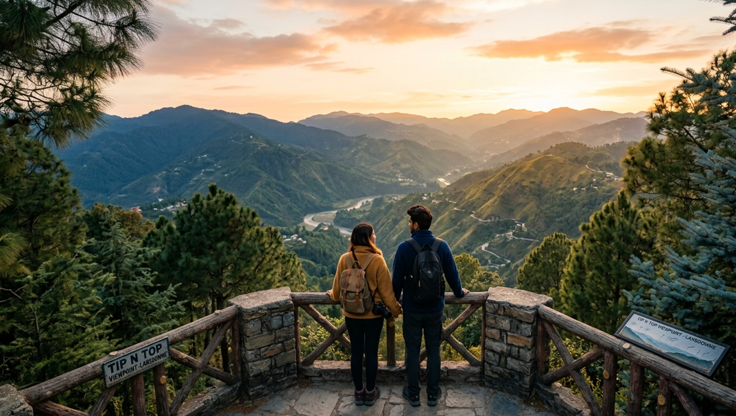Couple enjoying sunset view at Tip N Top viewpoint in Lansdowne with scenic Himalayan hills and valley landscape