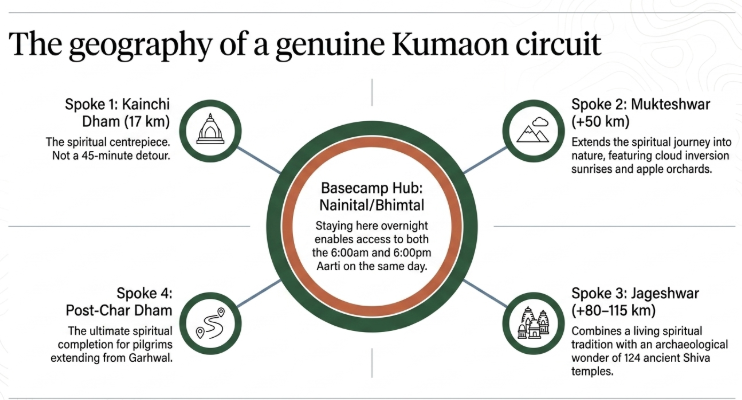 Kumaon travel circuit map showing Nainital/Bhimtal as basecamp hub connected to Kainchi Dham (17 km), Mukteshwar (50+ km), Jageshwar (80–115 km), and post-Char Dham extension, illustrating a complete spiritual and nature itinerary in Uttarakhand.