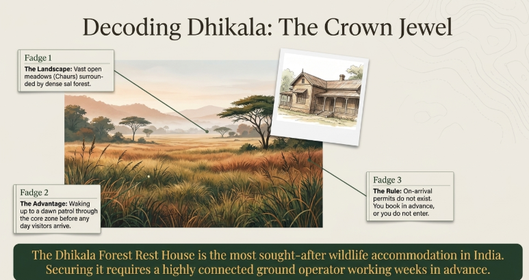 Illustrated guide to Dhikala zone in Jim Corbett National Park showing grassland landscapes, forest rest house, and key facts about safari advantages, permit rules, and accommodation access.