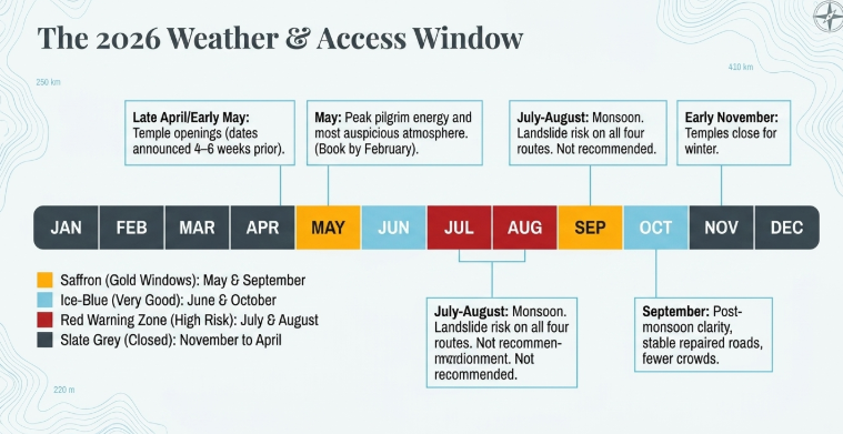 Char Dham Yatra 2026 seasonal timeline infographic showing the best travel windows: May and September as peak (gold), June and October as very good (blue), July&ndash;August as high-risk monsoon (red), and November to April as closed (grey), with notes on temple openings, closures, and travel conditions.