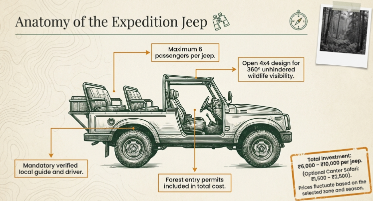 Illustration of expedition jeep used in Adi Kailash Yatra showing 4x4 vehicle design, seating capacity of 6 passengers, local driver requirement, forest permits inclusion, and total transport cost details in Uttarakhand
