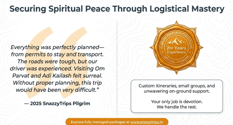 Customer testimonial infographic about Adi Kailash Yatra experience highlighting smooth planning, permit management, transport support, and spiritual journey with SnazzyTrips travel services in Uttarakhand