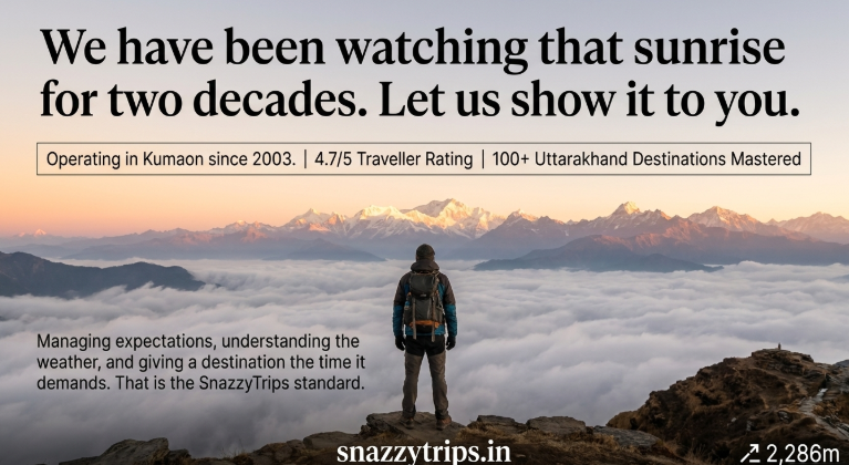 Traveler standing on a mountain ridge above a sea of clouds during sunrise in Mukteshwar, with Himalayan peaks glowing in the background, representing guided travel experiences in Kumaon.