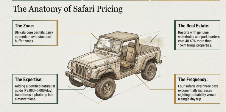 Infographic showing factors affecting safari pricing in Jim Corbett National Park including zone selection, resort location, naturalist guide expertise, and number of safaris taken.