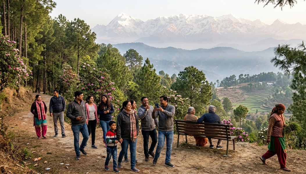 Group of tourists walking along a forest trail with blooming rhododendrons, terraced fields, and distant snow-covered Himalayan mountains in the background