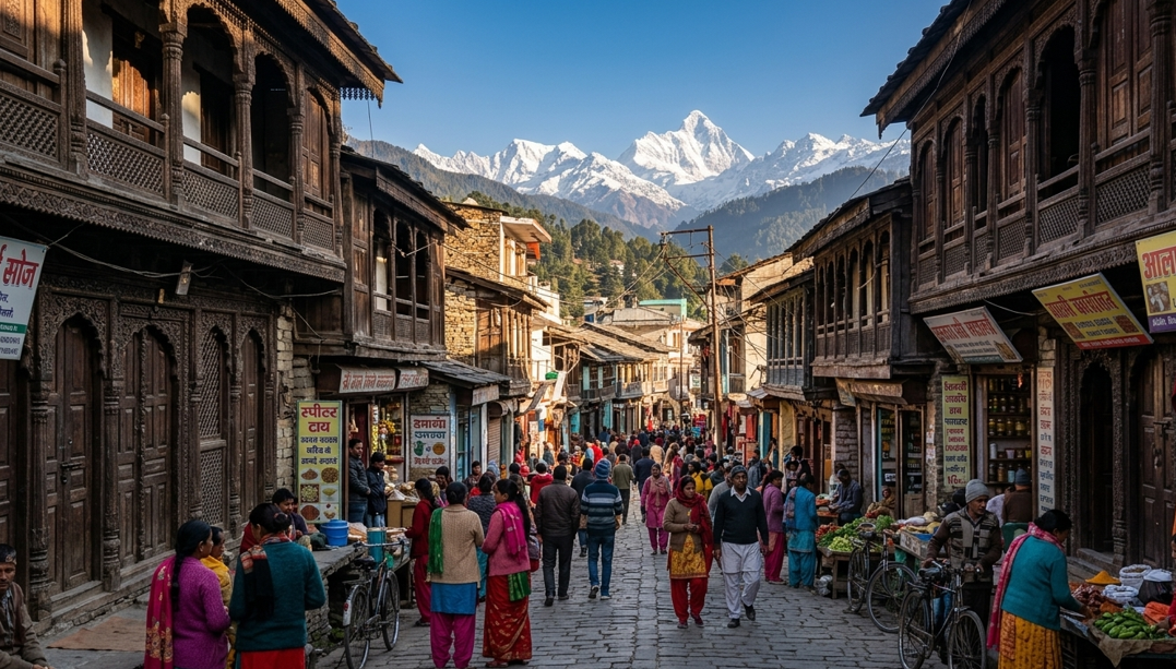 Busy Dharchula market street with traditional wooden houses, local people, and snow-capped Himalayan mountains in the background