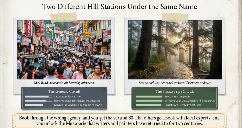 Comparison infographic titled “Two Different Hill Stations Under the Same Name” showing a crowded Mall Road in Mussoorie on one side labeled “The Generic Circuit” with heavy tourist traffic, and a शांत, tree-lined pathway near Landour Clocktower at dawn on the other labeled “The SnazzyTrips Circuit,” highlighting a peaceful, curated travel experience; caption emphasizes choosing the right planner to avoid crowds and experience Mussoorie’s heritage.