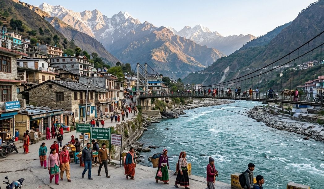 Busy Himalayan town with people walking near a river and a suspension bridge, surrounded by mountains in Uttarakhand