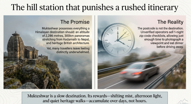 Comparison graphic showing Mukteshwar as a peaceful Himalayan destination with temple views versus rushed travel reality with a car on a highway, highlighting the importance of slow travel to fully experience the place.
