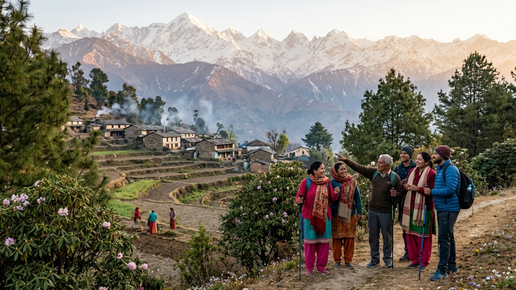 Group of travelers standing near terraced fields in a Himalayan village with traditional houses, pine trees, and snow-covered mountains in the background